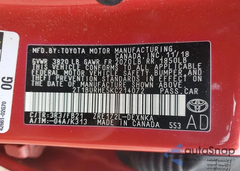 2019 Toyota Corolla L z USA, uszkodzony, nr VIN 2T1BURHE5KC214072